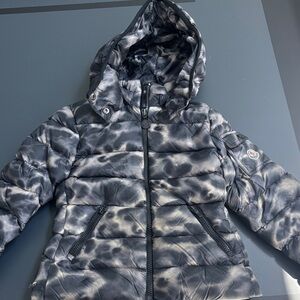 Unisex Moncler Kids Black and Gray Camo Puffer Jacket with Detachable Hood